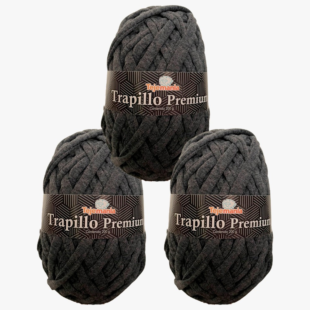 PAQUETE Gris Oscuro Jaspe con 3 Trapillos Premium, marca Tejemanía, MADEJA con 200g