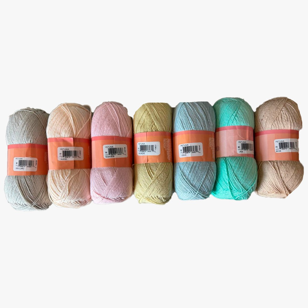 PAQUETE  Hilaza Petunia colores surtidos - marca Omega, bolsa con 7 madejas de 100grs